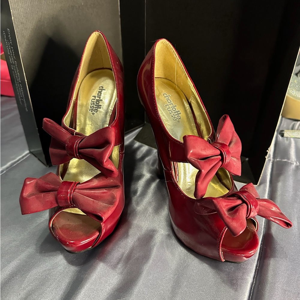 Charlotte Russe Burgundy Bow Peep Toe Heels